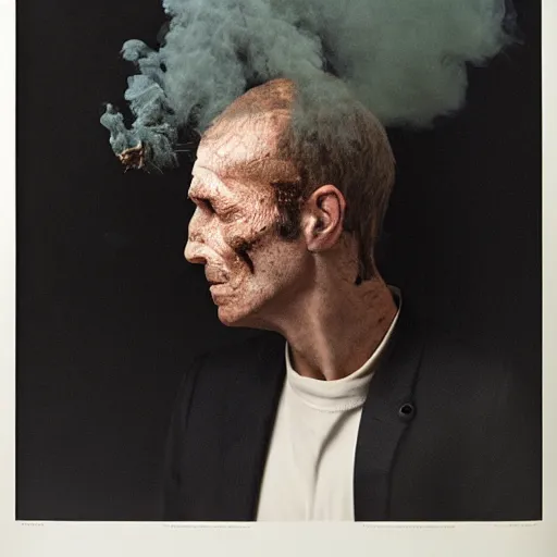 Prompt: annie liebowitz photo of a man's head replaced with a puff of smoke