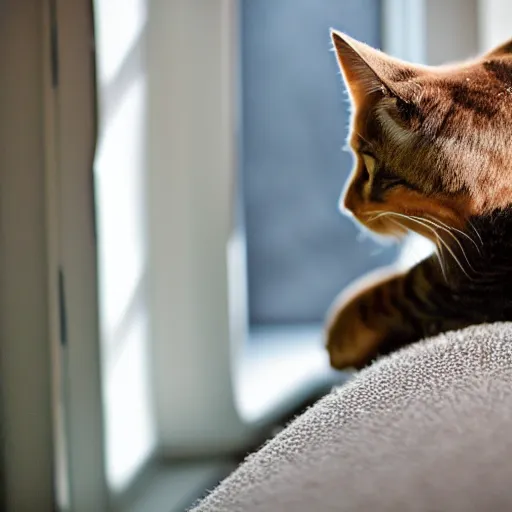 Image similar to A beautiful photograph of a cat looking out the window on a rainy day.