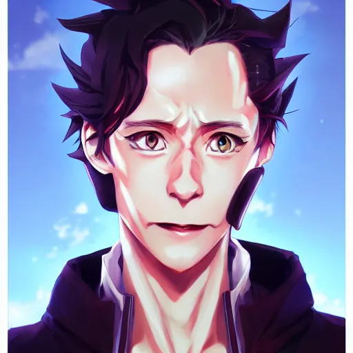 Image similar to anime portrait of Tom Hiddleston as an anime man by Stanley Artgerm Lau, WLOP, Rossdraws, James Jean, Andrei Riabovitchev, Marc Simonetti, and Sakimichan, trending on artstation