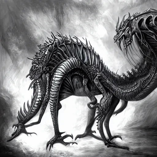 Image similar to Giger portrait of queen dragon, Dragon in dragon lair, HD, full body dragon concept, flying dragon, soft shading, hyperdetailed, wide angle lens, fantasy, futuristic horror, style of giger