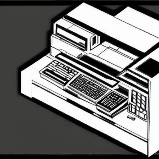 Prompt: technical drawing of a computer from 1985