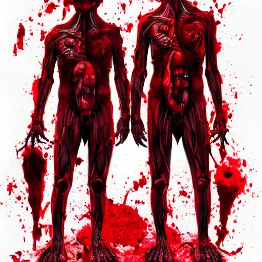 Prompt: Ryan Gosling twins emerging from corpses in a red hellscape covered in blood by Yoshitaka Amano, by HR Giger, full body wide shot, biomechanical, 4k, hyper detailed, hyperrealism, anime, red sky, blood and body parts, deviantart, artstation