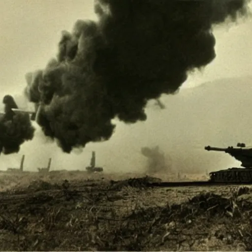 Prompt: photo of a large tank battle in WW1 cinematic framing