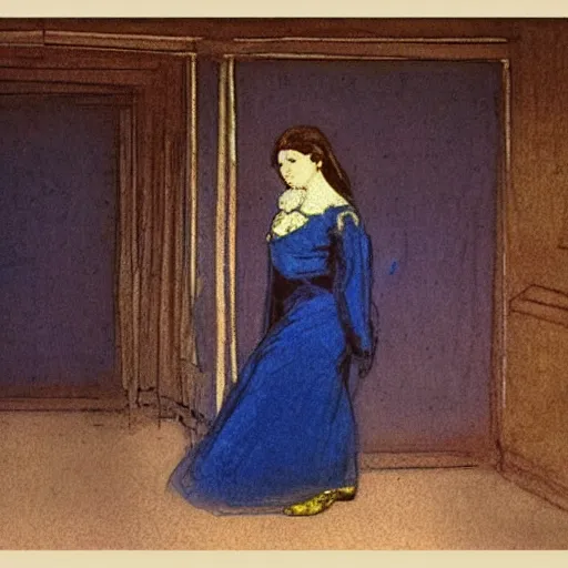 Prompt: a girl in a blue and gold liminal haunted ivory room, film still by goya, by mackintosh, elegant drawing, digital painting, jugendstil, art noveau, strong lights, flat colors, pastel colors