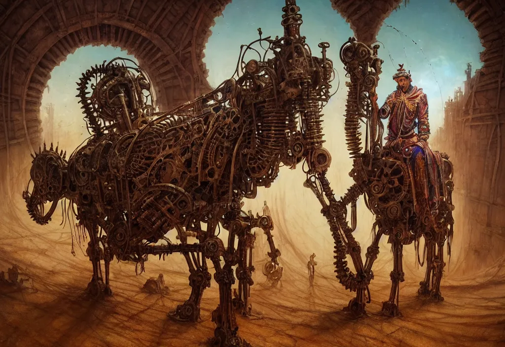 Image similar to A closeup human in arabian vestments performs a vivid magical ritual to resurrect a mechanical horse inside a ancient steel ruins are covered with barchans of sand. Art by Finnian MacManus, Simon Stalenhag, Arthur Rackham. Masterpiece, fantasy art, cinematic, hyperdetailed, photorealistic, postapocalyptic, steampunk, hyperrealism, octane render, 8k