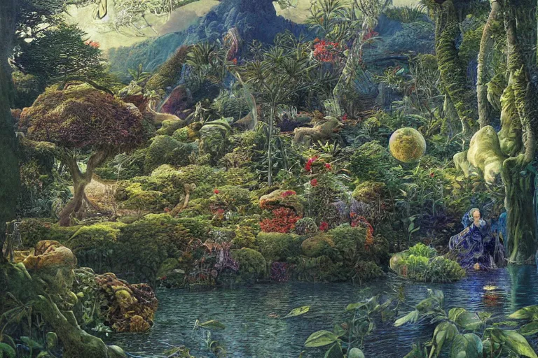 Image similar to hyperdetailed painting of the garden of eden, epic, rendered in octane, painted by alan lee, moebius, giovanni ghisolfi and jan baptist