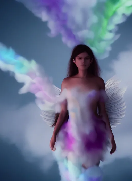 Prompt: female spirit made out of clouds and floating ribbons, spectrum colours, angelic, realistic, cinematic light, volumetric, octane render