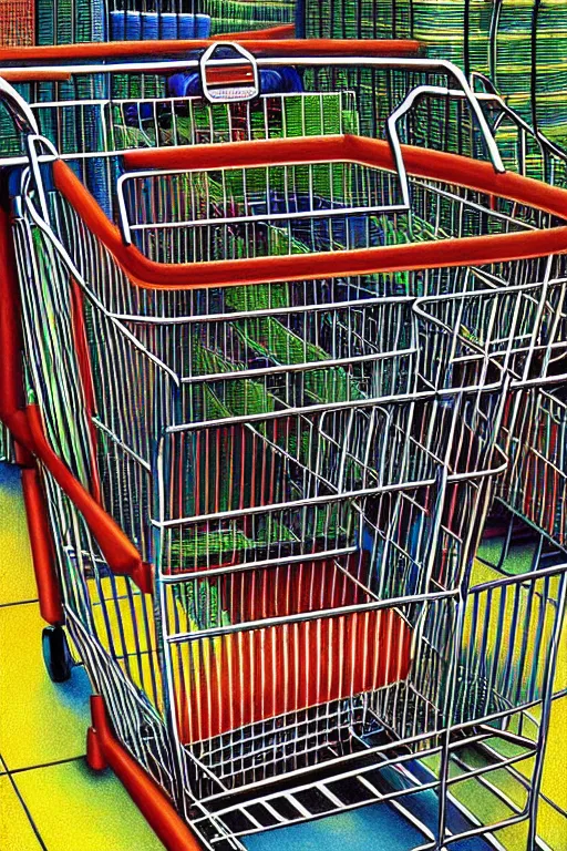 Image similar to a hyperrealistic detailed painting of a creature made of shopping carts at the super market by chris cunningham and richard corben, highly detailed, vivid color,