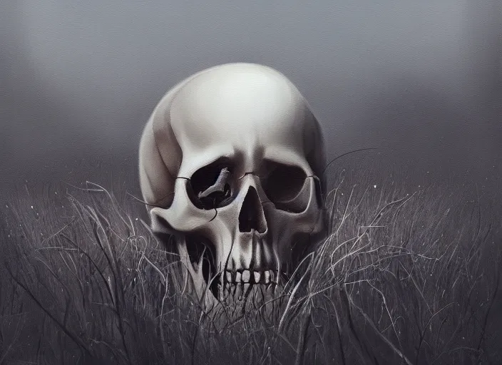 Prompt: painting of a skull in the middle of a field, concept art by senior environment artist, cgsociety, vanitas, apocalypse art, dystopian art, artstation hq