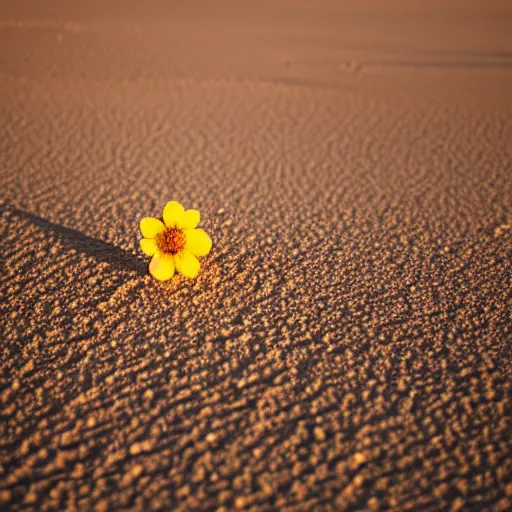 Image similar to a single small pretty desert flower blooms in the middle of a bleak arid empty desert, sand dunes, clear sky, low angle.