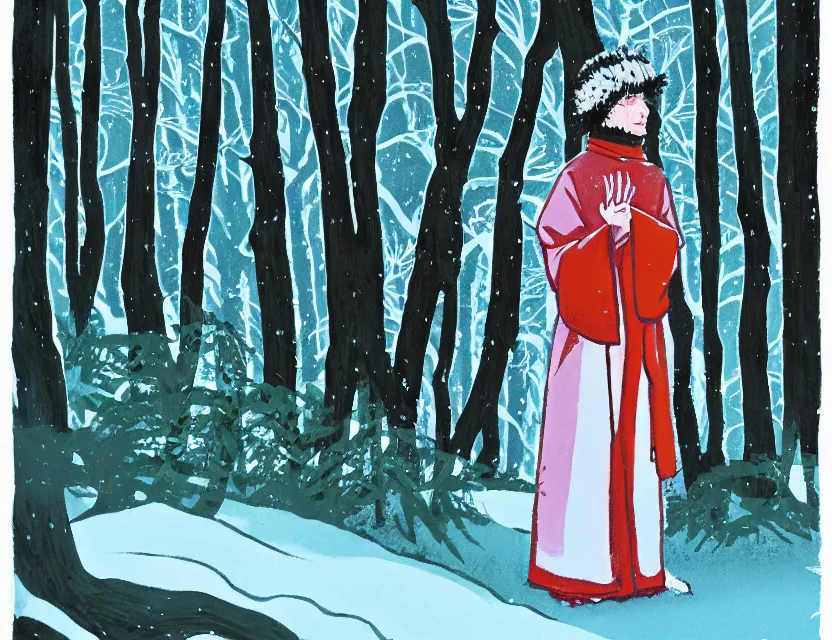 Prompt: snow priest of summer woods. gouache, limited palette with complementary colors, by award - winning mangaka, backlighting, bold composition, depth of field.