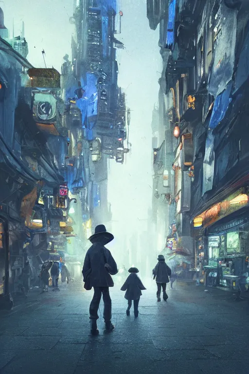 Prompt: a portrait of a small person wearing a cloke in the middle foreground walking in the street of a great green and blue sci-fi city by Greg Rutkowski, Sung Choi, Mitchell Mohrhauser, Maciej Kuciara, Johnson Ting, Maxim Verehin, Peter Konig, final fantasy , mythical, 8k photorealistic, cinematic lighting, HD, high details, atmospheric,