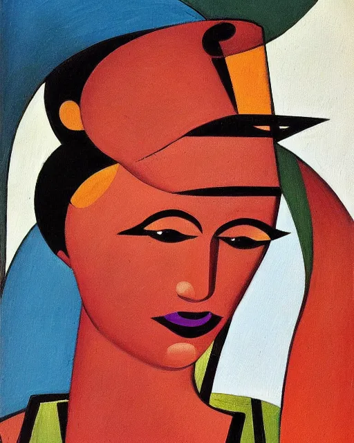 Prompt: a painting of a woman wearing a hat, an art deco painting by auguste herbin, featured on deviantart, qajar art, fauvism, art deco, egyptian art