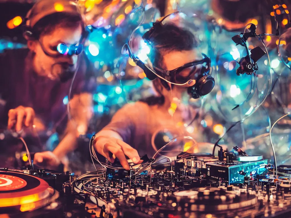 Image similar to a person wearing goggles and visor and headphones using a steampunk record player contraption, wires and tubes, turntablism dj scratching, intricate planetary gears, cinematic, imax, sharp focus, leds, bokeh, iridescent, black light, fog machine, hazy, lasers, hyper color digital art, cyberpunk