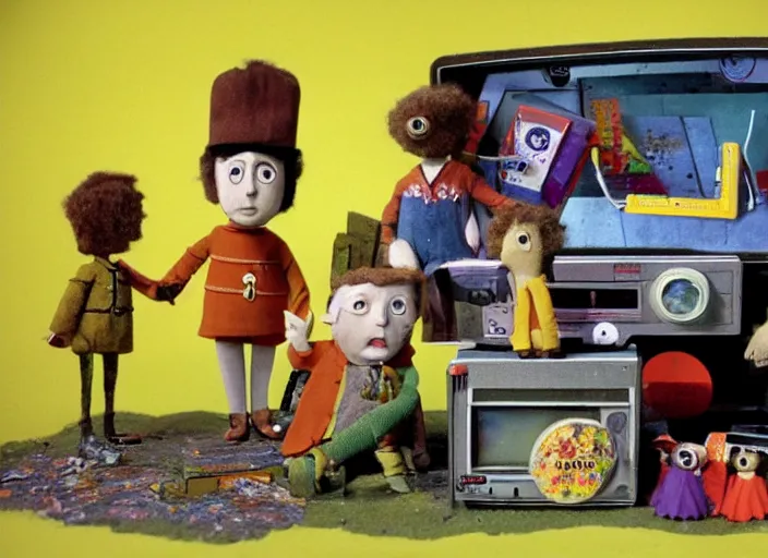 Prompt: a scene from a 1 9 7 0 s british kids tv programme by the bbc and oliver postgate, stop motion animation, postman pat, vhs distortion, cathode ray tube distortion, folk horror, hauntology