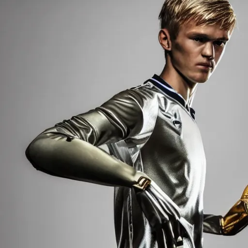 Image similar to a realistic detailed photo of a guy who is an attractive humanoid who is half robot and half humanoid, who is a male android, soccer player martin ødegaard, shiny skin, posing like a statue, blank stare, in a living room, on display, showing off his muscles, gold soccer kit