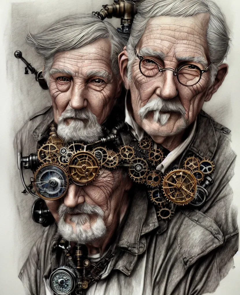 Image similar to hyper realistic full figure pencil drawing of an older man steampunk, water color, detailed, rim light, diffused, intricate, by anna dittmann,