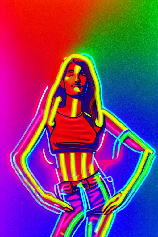 Image similar to a award winning half body portrait of a beautiful woman with stunning eyes in a croptop and cargo pants with smoking hair in rainbow colors, outlined by whirling illuminated neon lines, outrun, vaporware, shaded flat illustration, digital art, trending on artstation, highly detailed, fine detail, intricate