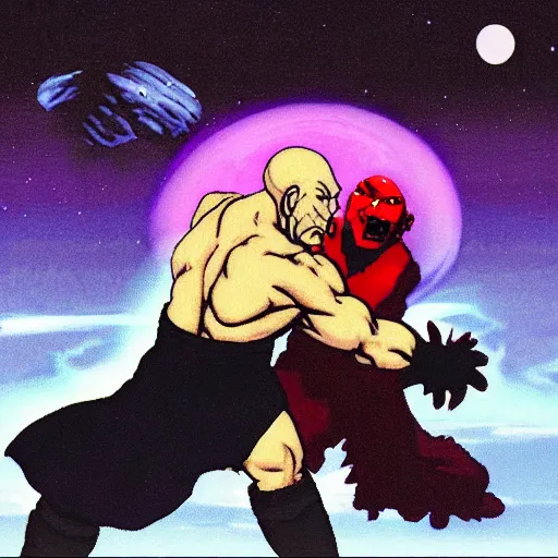 Image similar to picard fighting akuma from street fighter 2 at night with a full moon low in the sky