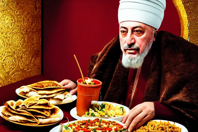 Image similar to Ottoman Sultan Mehmet IV eating shawarma in a restaurant, wearing big ovular turban and a luxurious Ottoman coat, mid-shot, cold lighting, photography from Vogue Magazine, neat, precise, realistic, detailed facial features, expressive, photorealistic, hyperrealism, micro details, HDR Shot, in the style of Martin Schoeller