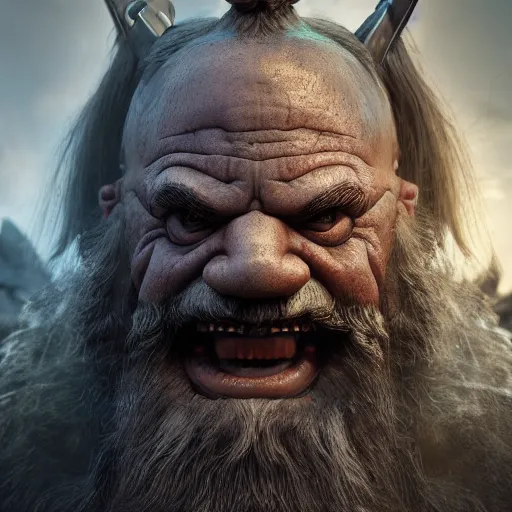 Image similar to a fantasy cinematic shot of a dwarf berserker, close up, face, warhammer, dnd, fighting monsters, octane render, hyperreal, 8 k