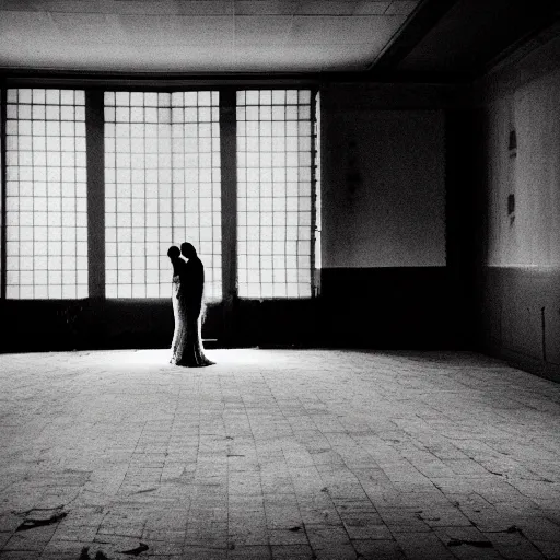 Image similar to a dark photo of a shadow of two people hugging each other in an abandoned hall, there is an open birdcage on the forefront, black and white, long exposure, motion blur