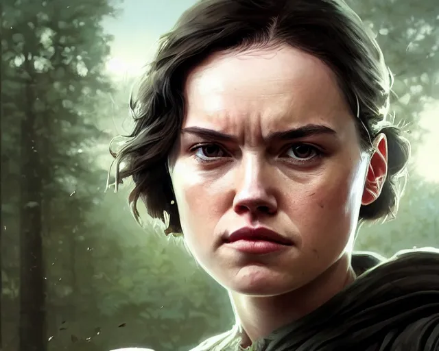 Image similar to highly detailed portrait of daisy ridley, in the walking dead, stephen bliss, unreal engine, fantasy art by greg rutkowski, loish, rhads, ferdinand knab, makoto shinkai and lois van baarle, ilya kuvshinov, rossdraws, tom bagshaw, global illumination, radiant light, detailed and intricate environment