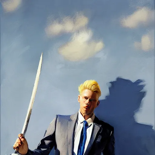 Image similar to greg manchess portrait of a blond man in a blue suit swinging overhead with a sword, organic painting, sunny day, matte painting, bold shapes, hard edges, street art, trending on artstation, by huang guangjian, gil elvgren, ruan jia, randy vargas, greg rutkowski