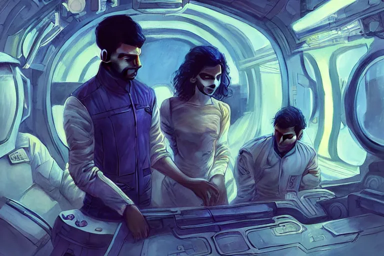 Image similar to Sensual good looking pale young Indian doctors wearing Blade Runner 2049 clothing in a space station above Earth, portrait, elegant, intricate, digital painting, artstation, concept art, smooth, sharp focus, illustration, art by artgerm and greg rutkowski and alphonse mucha