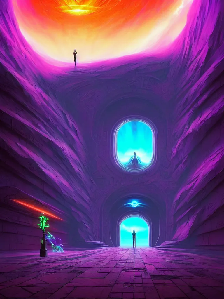 Image similar to entrance to ethereal realm, god waiting, rendered in unreal engine, central composition, symmetrical composition, dreamy colorful cyberpunk colors, 6 point perspective, fantasy landscape with anthropomorphic!!! terrain!!! in the styles of igor morski, jim warren, and rob gonsalves, intricate, hyperrealistic, volumetric lighting, neon ambiance, distinct horizon