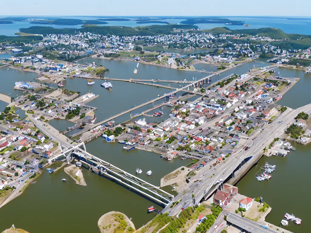 Prompt: bird's eye view photo a small city with shops, shipping dock, and beach to the south. a bridge crosses the inland bay, with a town hall, marketplace, and towers to the north. there is a field in the middle of the city. small hills and woods north of the city