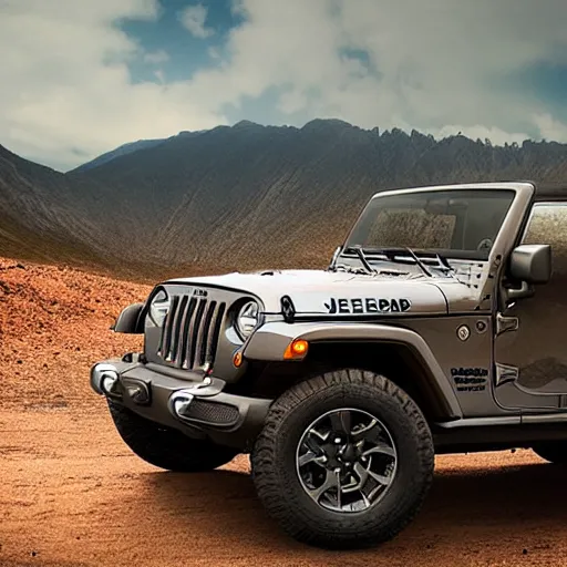 Prompt: Jeep, Professional Photography, Off-roading, Mountain landscape, dirt, road, cinematic color, photorealistic, highly detailed wheels, highly detailed