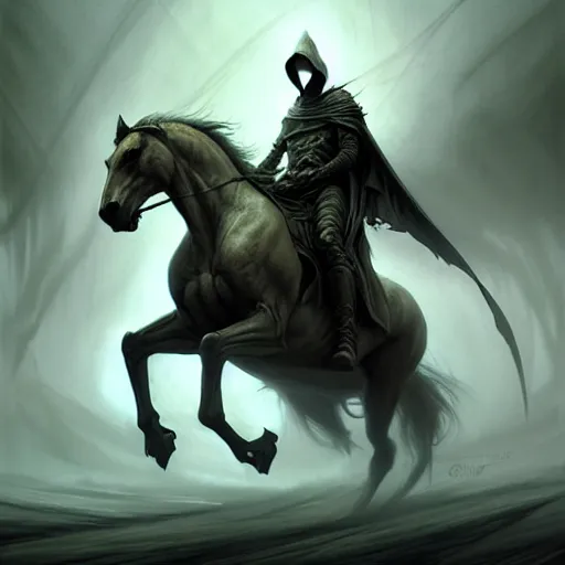 Image similar to concept art by artgerm, pestilence of the four horsemen of the apocalypse, soft green natural light, intricate, hooded death riding a horse, highly detailed dark art, digital painting, artstation, concept art, smooth, sharp focus, illustration, art by greg rutkowski and luis rollo and uang guangjian and gil elvgren, symmetry!