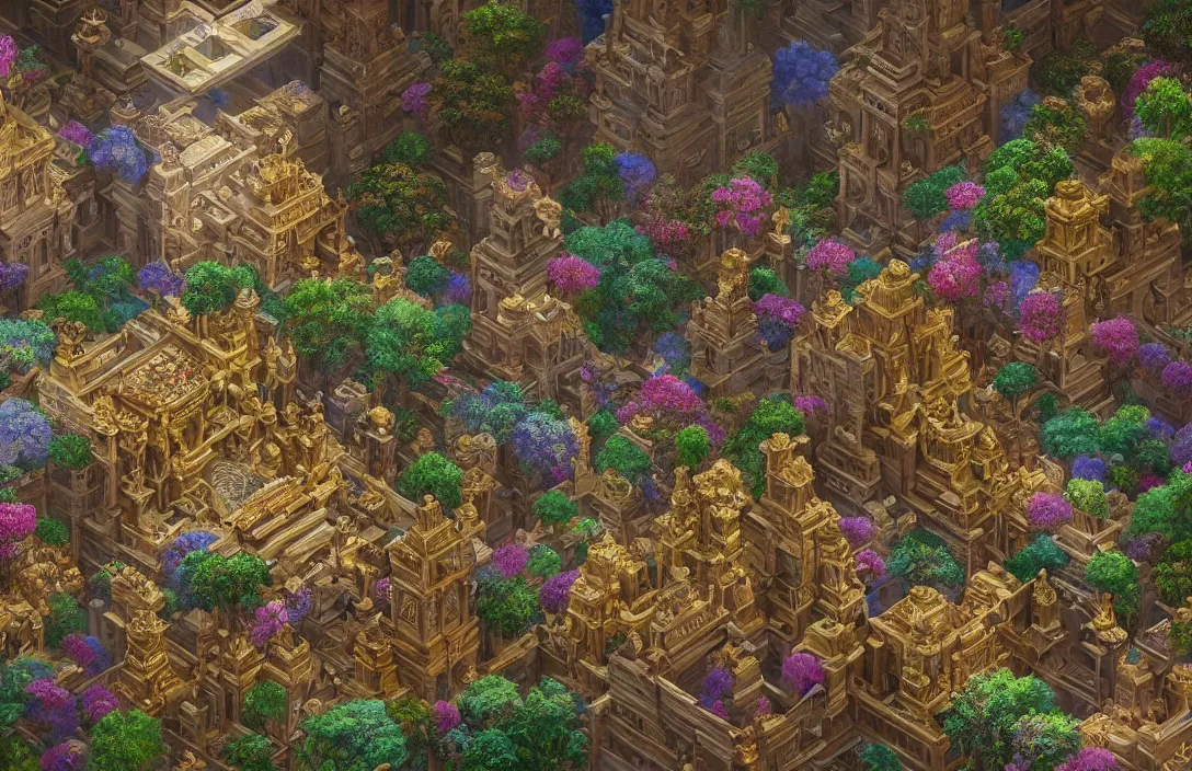 Prompt: isometric room of a room filled with a beautiful and highly detailed painting of a towering temple built on a world of massive scale bloom flora by sam spratt | wide angle | unreal engine :. 3