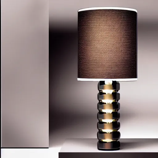 Image similar to a table lamp designed by armani in the shape of perfume, advertising photography