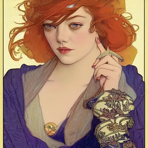 Prompt: emma stone portrait by louis - theophile hingre and alphonse mucha, realistic, sharp focus, zodiac signs, tarot cards, planets, ethereal, art nouveau, magic, moon, sun, crown, dreamy, royal, jewellery