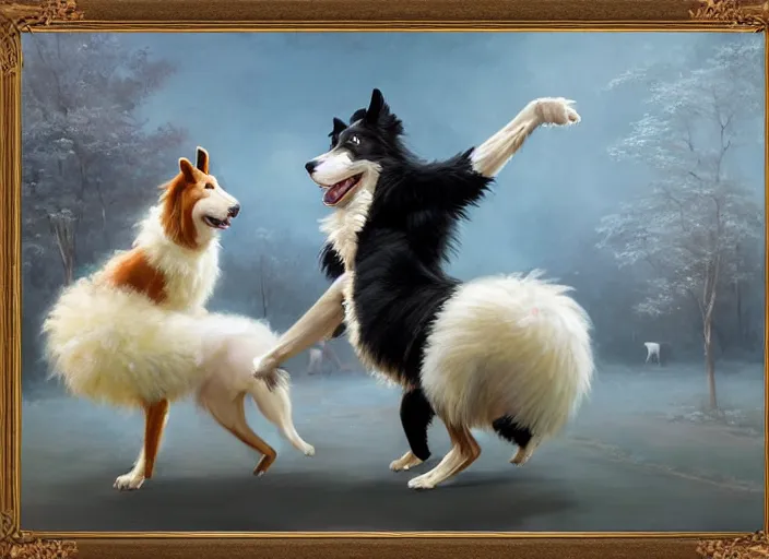 Image similar to wide shot painting of a male anthropomorphic border collie fursona dancing with a cute female anthropomorphic sheep fursona in a ballroom, beautiful, intricate, elegant, realistic proportions, highly detailed, scenic background, trending on artstation, art by charlie bowater and henry asencio and and ross tran