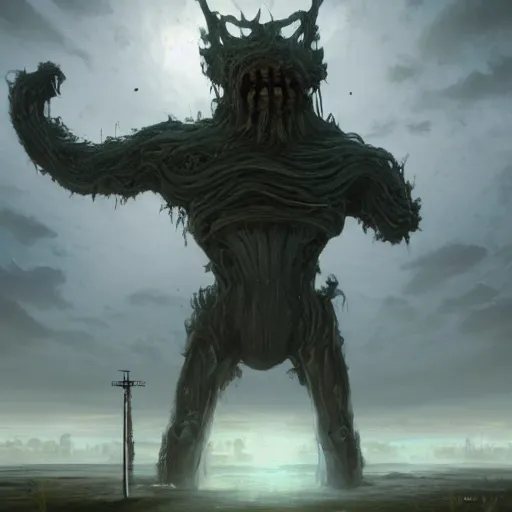 Image similar to a digital painting of a gigantic big enormous humanoid monster standing in the sky, concept art by simon stalenhag and peter mohrbacher cgsociety, vanitas, ominous, lovecraftian, speedpainting, apocalypse art. mist. unreal engine. hyper - realistic. photo realistic. octane render. detailed masterpiece. extreme wide shot. dutch tilt