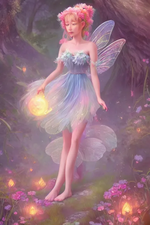 Image similar to a cute and geogerous fairy in the dreamy forest, fantasy, dreamlike, 8 k resolution, hyper detailed, d & d, character design, digital painting, trending on artstation, sharp focus, illustration, art by viktoria gavrilenko, hoang lap, fuji choko, steve zheng,