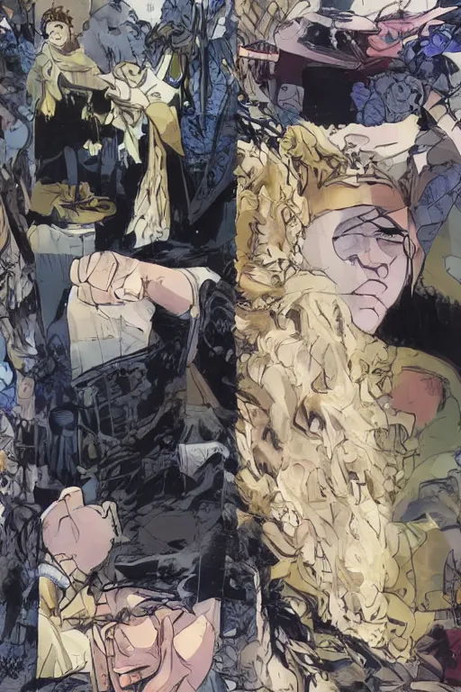 Prompt: sandman dream and corto maltese staring at each other, close up, portraits, comic book cover, art by sam kieth, hugo pratt