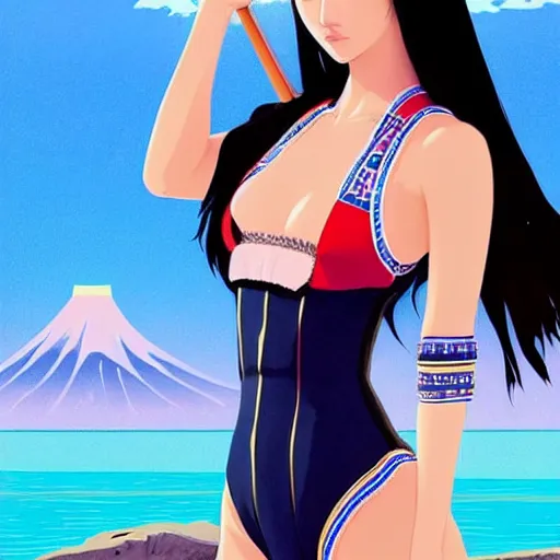 Image similar to a beautiful young japanese natalie portman alluring gravure model, stylized concept art, wearing elegant designer bomber jacket and one piece bikini, bomber jacket with mesoamerican patterns, mesoamerican native street fashion, princess mononoke, painted by ilya kuvshinov aesthetic, gorgeous, stunning, alluring, attractive, artstation, pinterest, digital art