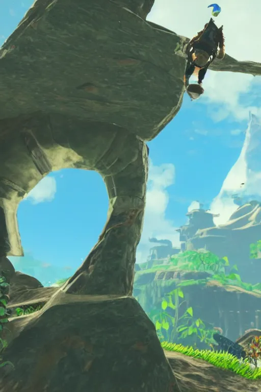 Image similar to in game footage of a penguin from the legend of zelda breath of the wild climbing q tree, breath of the wild art style.