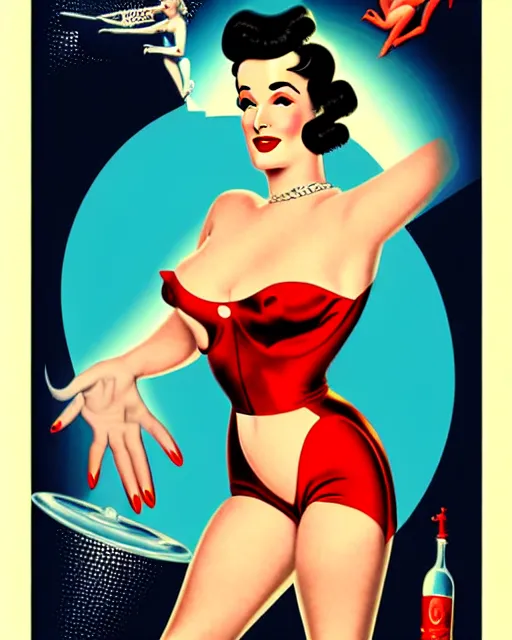 Image similar to a retro sci - fi pinup illustration of dita von teese in the style of alberto vargas and in the style of gil elvgren.