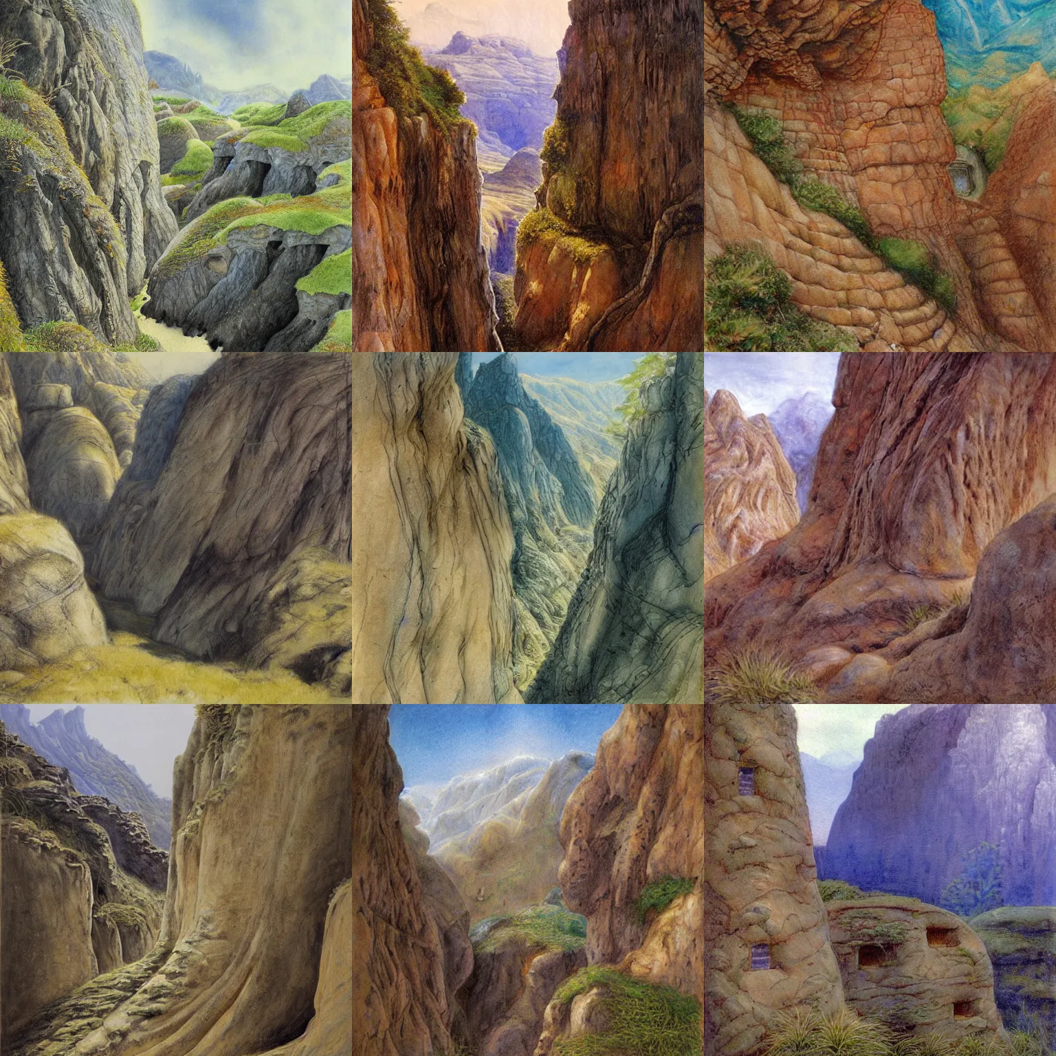 Prompt: pueblo hobbit holes cut into a canyon cliff by alan lee, oil painting, smooth, detailed terrain