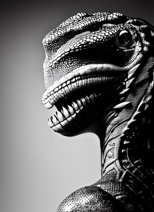 Image similar to a profile portrait, a stunning young woman - cyborg with a mutant lizard head, editorial photography, bw, by roman sustov, by hr giger, shot on 7 0 mm, depth of field, f / 2. 8, high contrast, 1 6 k, volumetric lighting, shiny, insanely detailed and intricate, hypermaximalist, elegant, ornate