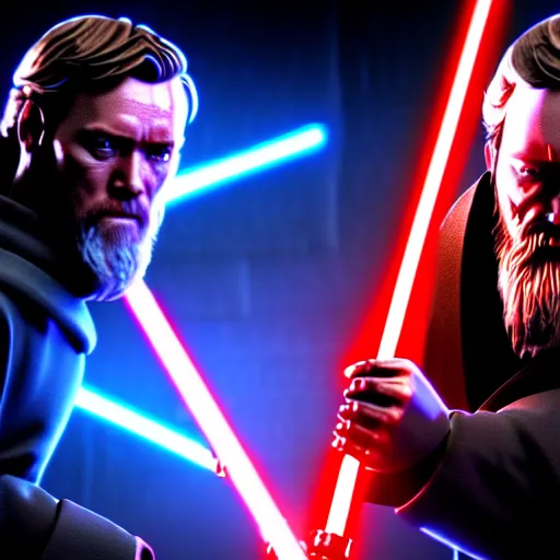 Prompt: ultra detailed picture of a fight where obi wan kenobi is against darth vador, unreal engine, extremely detailed, epic, dark, highly realistic, spiritual masterpiece, beautiful, ultra hd