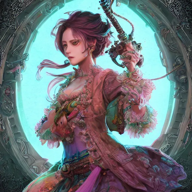 Prompt: the portrait of chaotic neutral semi - colorful smiling female bard assassin as unimaginably beautiful, gorgeous, elegant, young gravure idol, an ultrafine hyperdetailed illustration by kim jung gi, irakli nadar, intricate linework, bright colors, octopath traveler, final fantasy, unreal engine 5 highly rendered, global illumination, radiant light, detailed and intricate environment