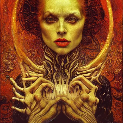 Prompt: Visions of Hell by Karol Bak, Jean Deville, Gustav Klimt, and Vincent Van Gogh, nightmare portrait, infernal, visionary, otherworldly, fractal structures, ornate gilded medieval icon, third eye, hellfire, lovecraftian, spirals, cosmic horror