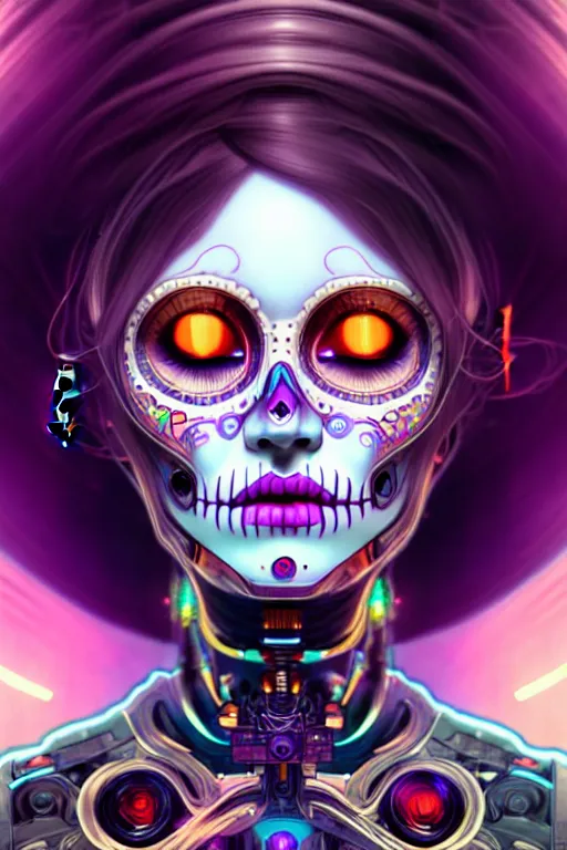 Image similar to ultra detailed, portrait of a female android, eyes closed, sci - fi, triadic color scheme, moody, calm, ( dia de los muertos ), asymmetrical, intricate concept art, art by artgerm and godmachine and michael welan andalphonse mucha and loish and wlop