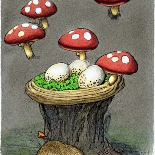 Prompt: toadstool with a ( fried eggs )!! cap. illustration by beatrix potter